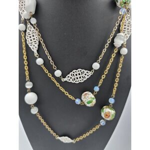 Vintage Cloisonne Enamel White Milk Glass Filigree opera length Bead Necklace